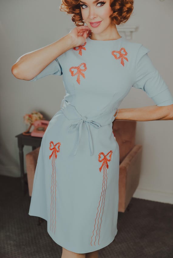 1940s Style Embroidered Midi Dress in Dollhouse Blue - Retro Bow Detail  Forties Tea Dress