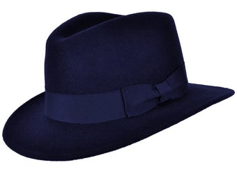 Classic Fedora Hat | Navy Blue Pure Wool Men's Hat Authentic 1940s Retro Vintage Style
