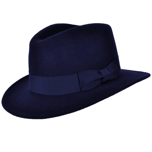 Chapeau Fedora classique | Bonnet bleu marine pour homme en pure laine, style vintage rétro authentique des années 40