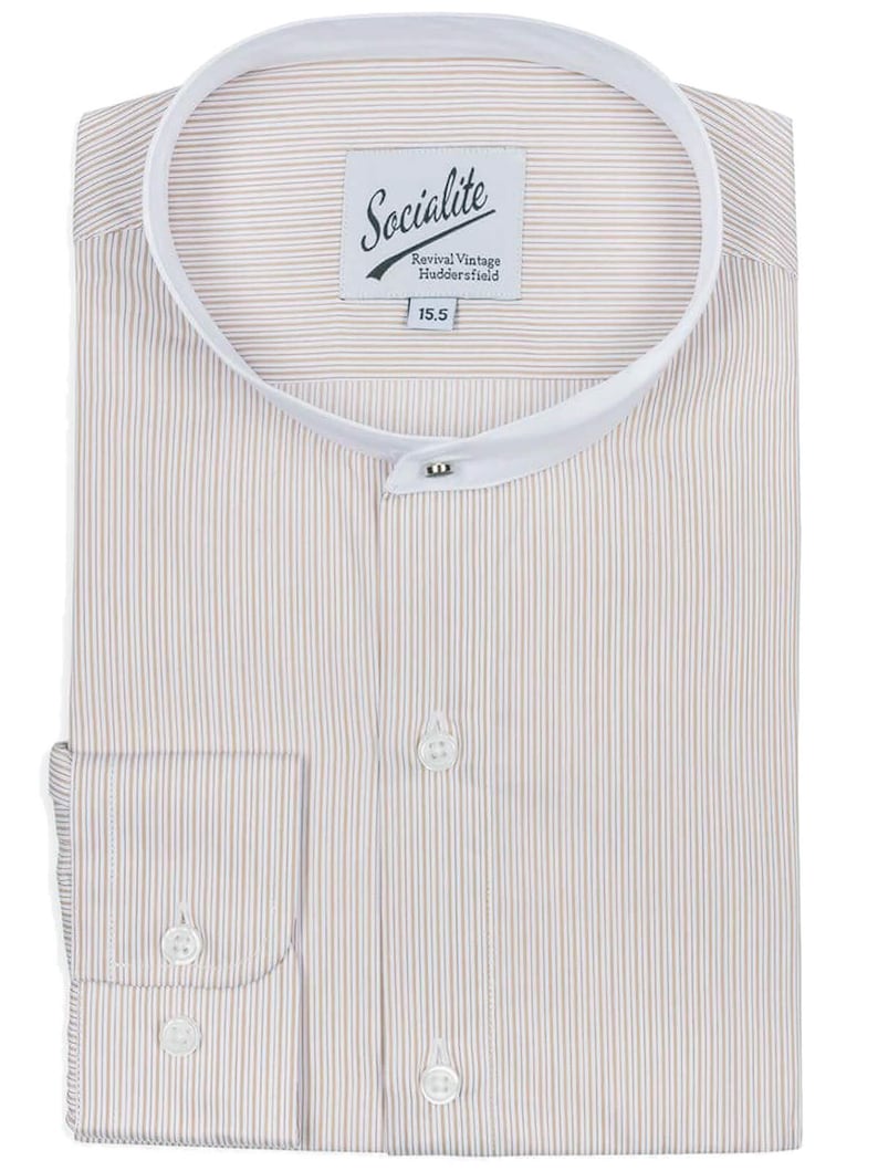UK Victorian Men’s Clothing & Edwardian Men’s Clothes     Mens Deluxe Collarless Shirt with Stud | Socialite 1940s Style Sand Track Stripe Shirt $65.50 AT vintagedancer.com
