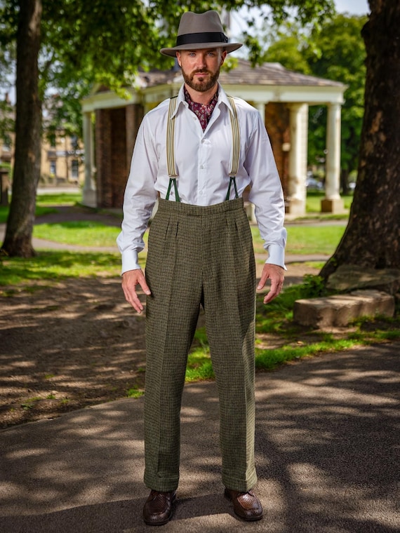 【グリーン（30）】DEAN HOUNDSTOOTH TROUSER 1940s Style Mens Houndstooth Trousers - Notch Back - Moss Green - Etsy