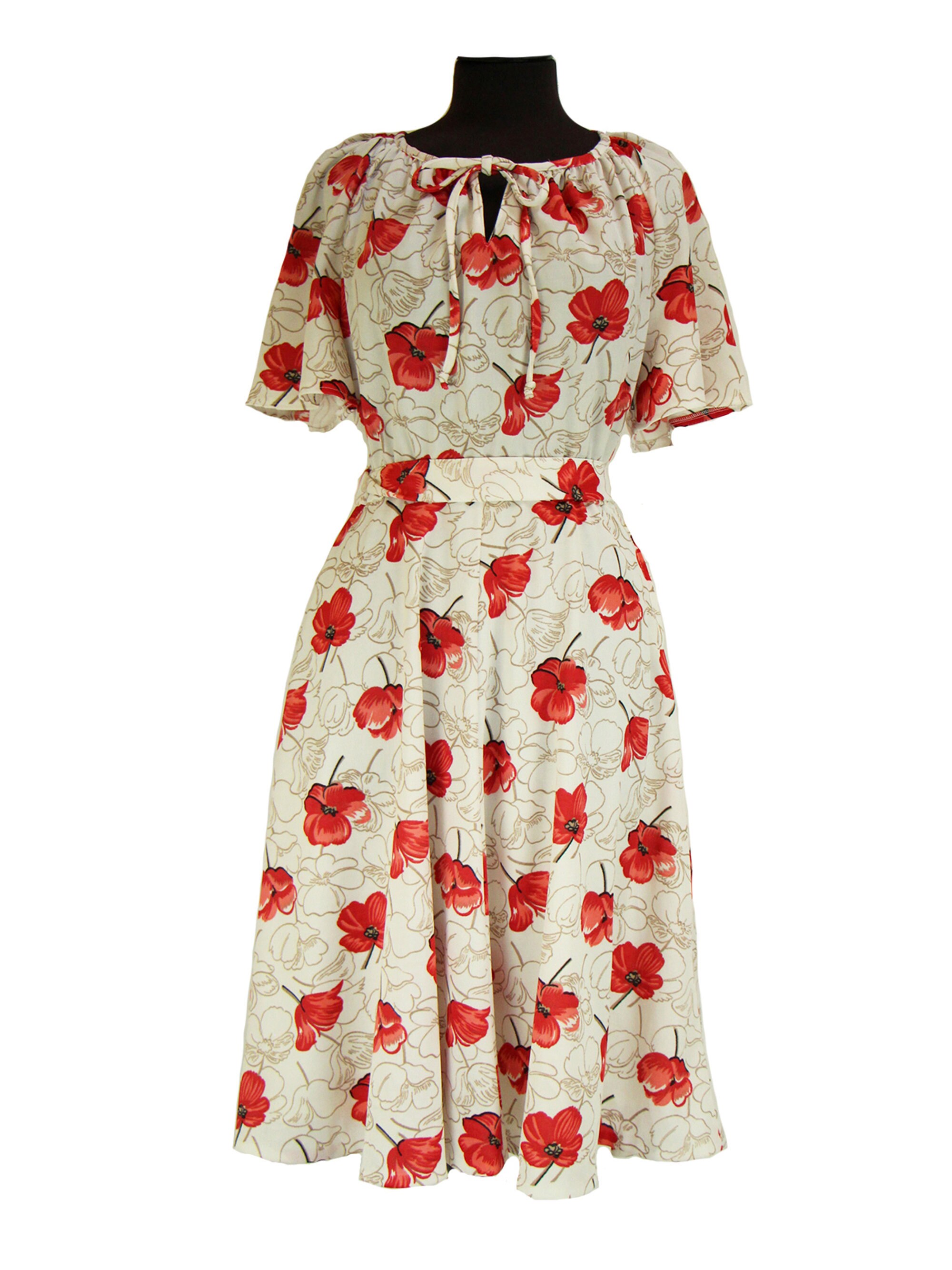 Image of Cream Vintage Swing Dress With Red Poppy Print Uk -
