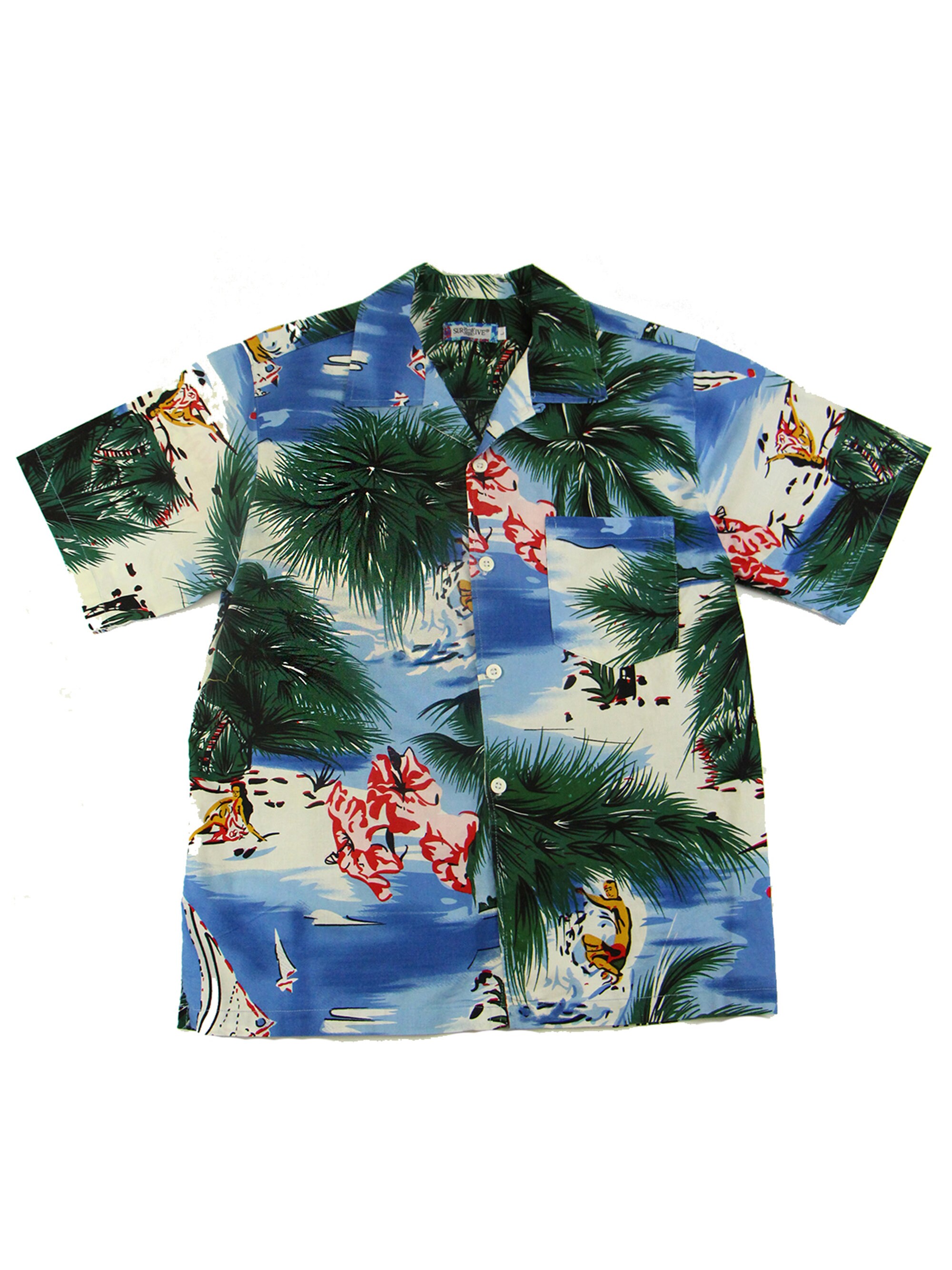 Image of Vintage Blue Large Palm Cotton Resort Wear Hawaiian Shirt