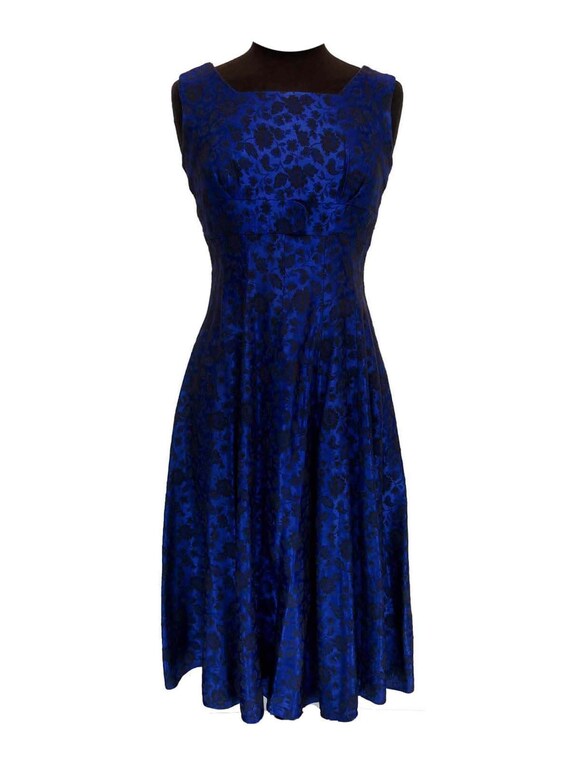 Blue Brocade 1950s Vintage Evening Cocktail Dress