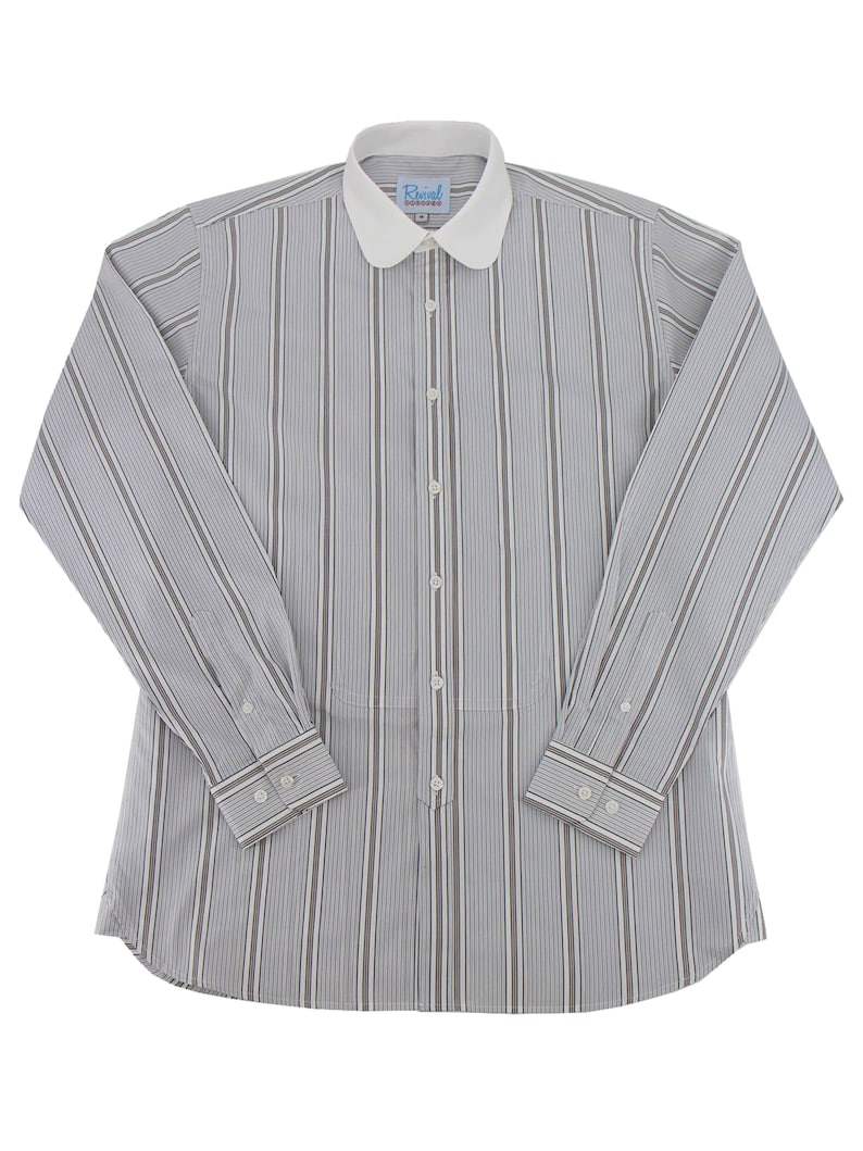 Edwardian Men’s Shirts 1900s – 1910s Styles Revival Vintage Retro All Cotton 1930s 1940s Grey Bar Stripe White Contrast Collar Beaumont Shirt $75.32 AT vintagedancer.com