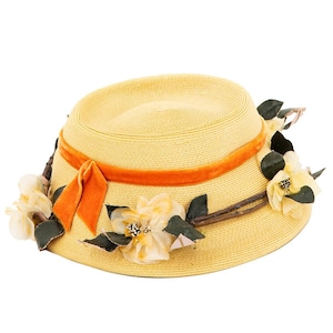 Women&#39;s Hat | Natural Beige 1950s Style Vintage Rose Trim Straw Hat