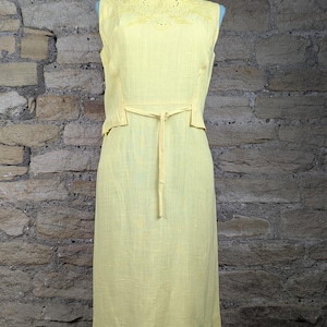 Vintage Lemon Slub Sleeveless Embroidered Linen Dress | UK 12