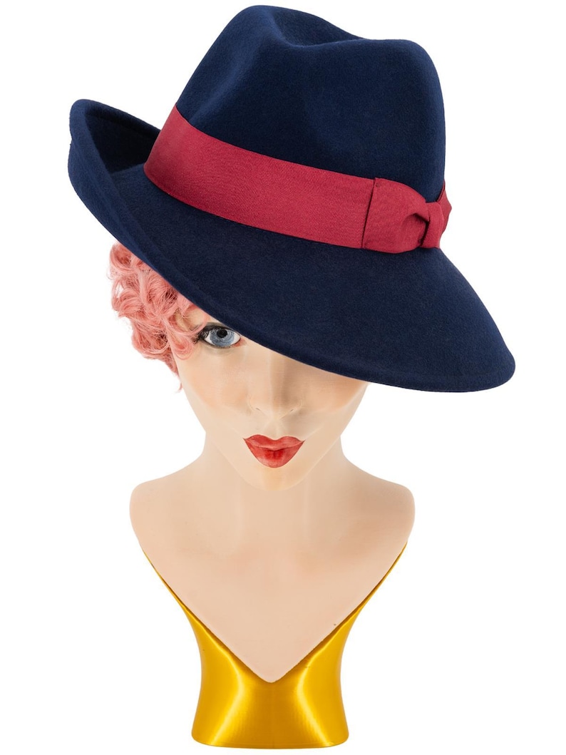 Navy Ladies 1940s Vintage Style Tilt Hat Reproduction Retro Felted Hat