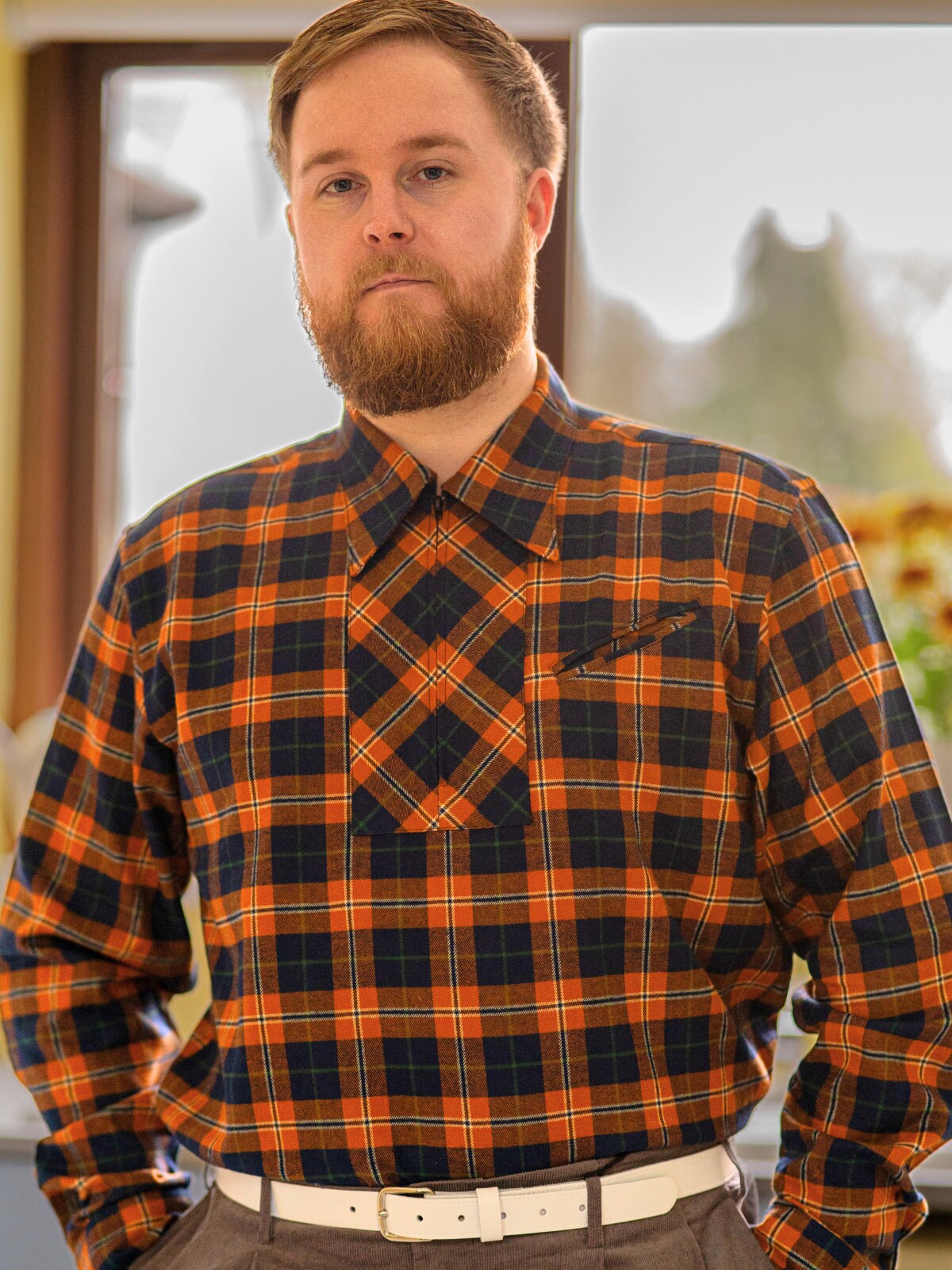 Orange Check Zipped Leisure Shirt - 1950s Authentic Vintage Orange Check Zipped Leisure Shirt - 1950s Authentic Vintage