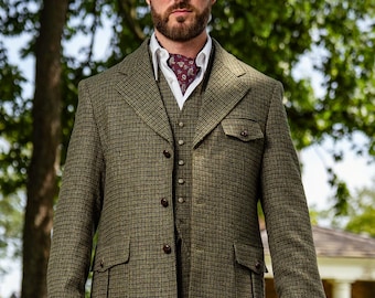 Mens 1940s Houndstooth Wool Jacket - Pleated Pockets - Moss Green
