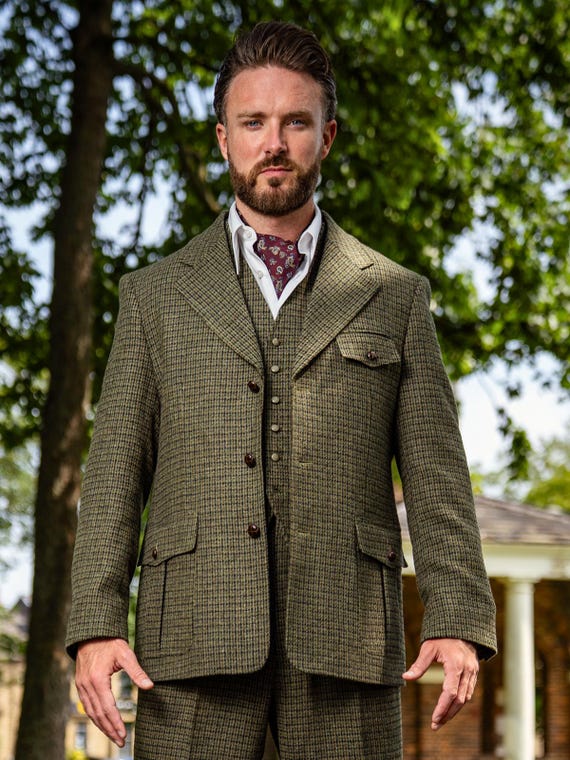 Mens 1940s Houndstooth Wool Jacket - Pleated Pockets - Moss Green