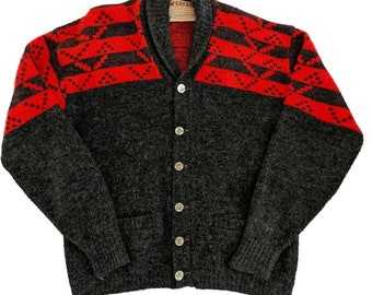 Mid-Century Vintage Grey & Red Knit Cardigan