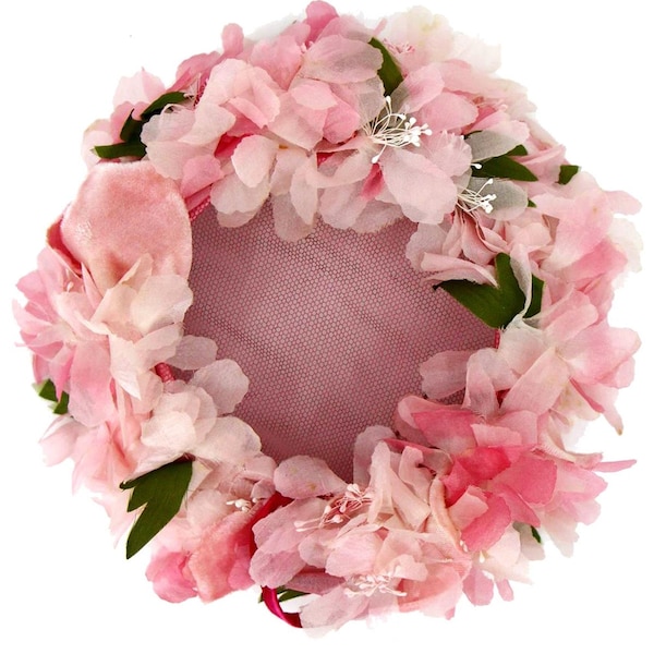 Soft Pink Floral True Vintage Circlet Hat - Fifties Sixties True Vintage Retro Pink Wreath Open Crown Hat with Flower Decor