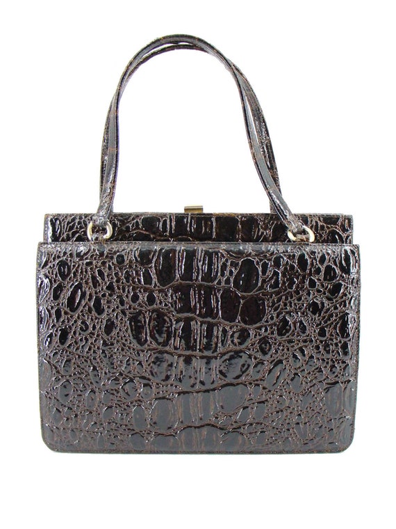 glossy brown crocodile handbag vintage 1940s Saks Fifth Avenue