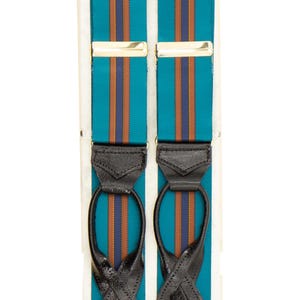 Vintage Trouser Braces | Authentic Albert Thurston Turquoise Striped Satin Y-Back Button Suspender Braces with Leather Loops