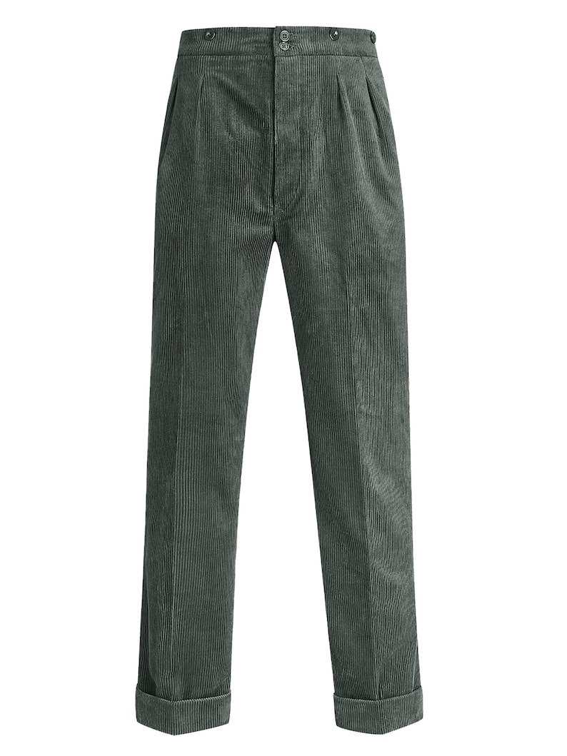 1940s Men’s Clothing & Fashion History     Retro Corduroy Trousers - Revival 1940s 1950s Vintage Style Authentic Edwin Trousers - Moss Green  AT vintagedancer.com