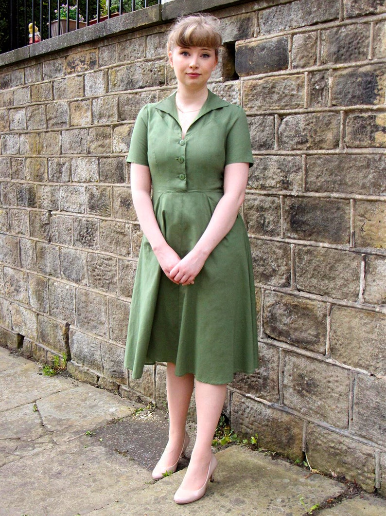 1940s Dresses | 40s Dress, Swing Dress, Tea Dresses     Cotton Forties Dress - 1940s Style Authentic Vintage Replica - Socialite Melody