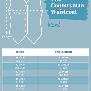 Puede incluir: Diagrama de un chaleco con medidas de pecho y largo. El texto dice "The Countryman Waistcoat Revival." Las medidas se proporcionan en cent&iacute;metros, desde 96,5 cm hasta 122 cm para el pecho y desde 56 cm hasta 62 cm para el largo de la espalda.