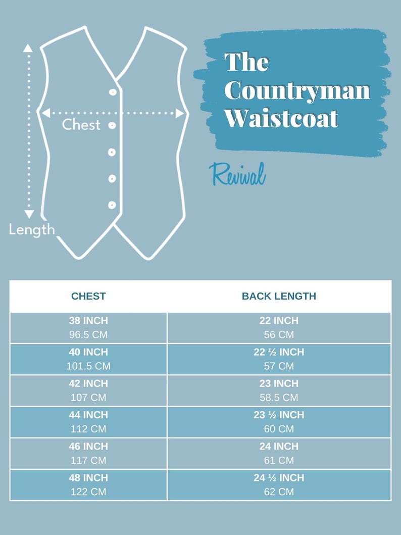 Puede incluir: Diagrama de un chaleco con medidas de pecho y largo. El texto dice "The Countryman Waistcoat Revival." Las medidas se proporcionan en cent&iacute;metros, desde 96,5 cm hasta 122 cm para el pecho y desde 56 cm hasta 62 cm para el largo de la espalda.