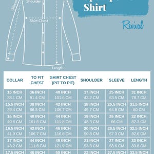 May include: A size chart for a Spearpoint Shirt Revival shirt. The chart shows measurements in inches and centimeters for collar, to fit chest, shirt chest (pit to pit), shoulder, sleeve, and length.