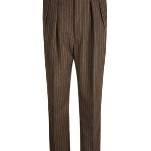 May include: Brown pinstripe trousers with a pleated front and cuffed hems. The pants have a classic design with vertical white stripes. The trousers are made of a textured fabric and feature a button and zipper closure.