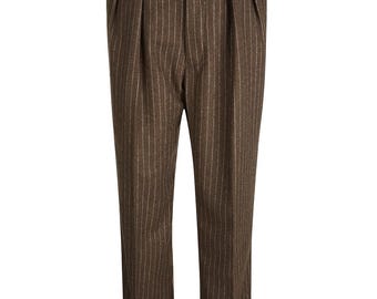1940s Menswear Brown Pinstripe Wool Fishtail Trousers - Vintage
