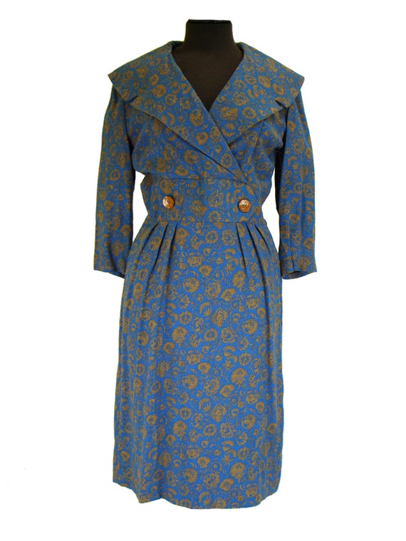 Teal & Brown Floral Wool 1940s 50s Vintage Dress U