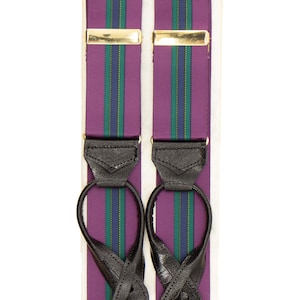 Vintage Trouser Braces | Authentic Purple Striped Satin Albert Thurston Satin Y-Back Button Suspender Braces with Leather Loops