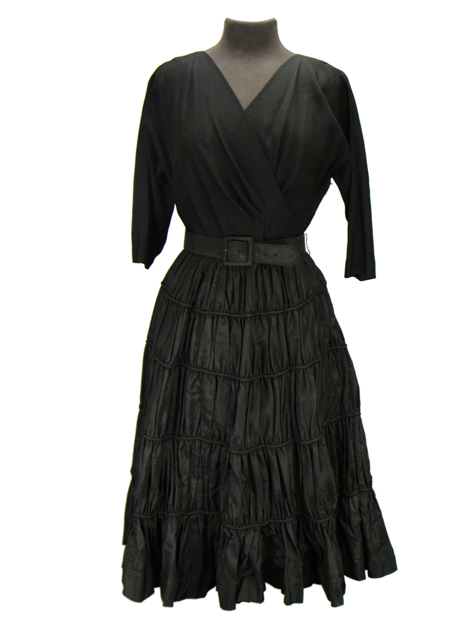 Image of Dramatic Black S Dress With Cross Over Neckline & Tiered Skirt Uk