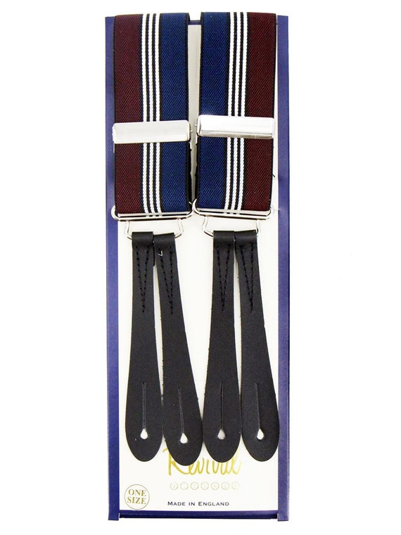 Trouser Braces Authentic 1940s Handmade Vintage Style Navy & Maroon Stripe  Y-back Button Suspender Braces With Black Leather Loops 