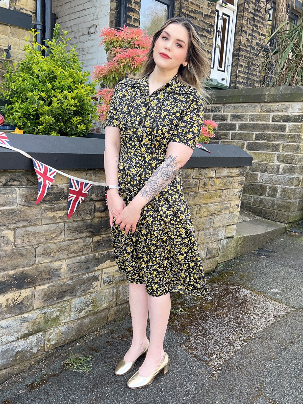 1940s Style Cotton Dress - Black Floral Vintage Day Dress