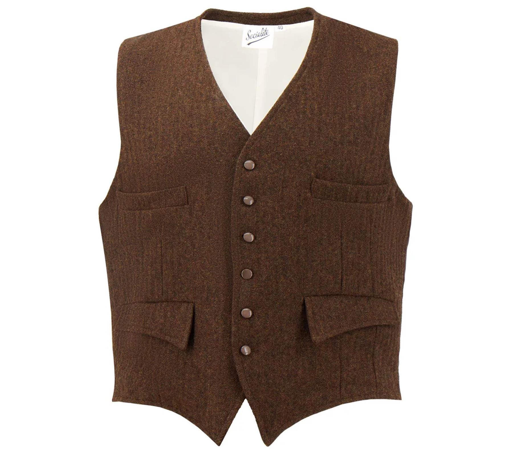 Chaleco de tweed, estilo años 30 y 40, aspecto vintage auténtico, chaleco "Clubman" revival, ropa masculina retro, marrón