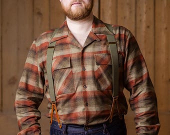 Mens Open Neck Plaid Camp Shirt - 1950s Style - Brown Check