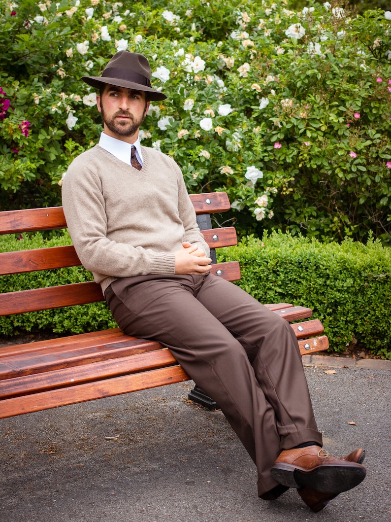 1930s Men’s Outfit Inspiration | Costume Ideas     Fishtail Back Trousers - Revival Vintage Authentic 1940s Replica Hugo
