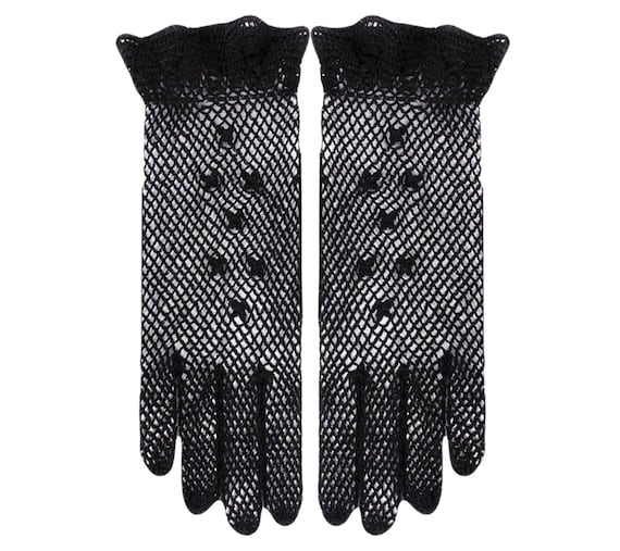 Crochet Gloves - Women's 1940s 1950s Vintage Style - Cotton Mesh Scalloped Gloves - Black