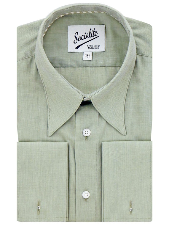 Spearpoint Collar Shirt - Premium Cotton Sage Green - Men's 1930s 1940s Authentic Vintage Look - Revival French Double Cuff