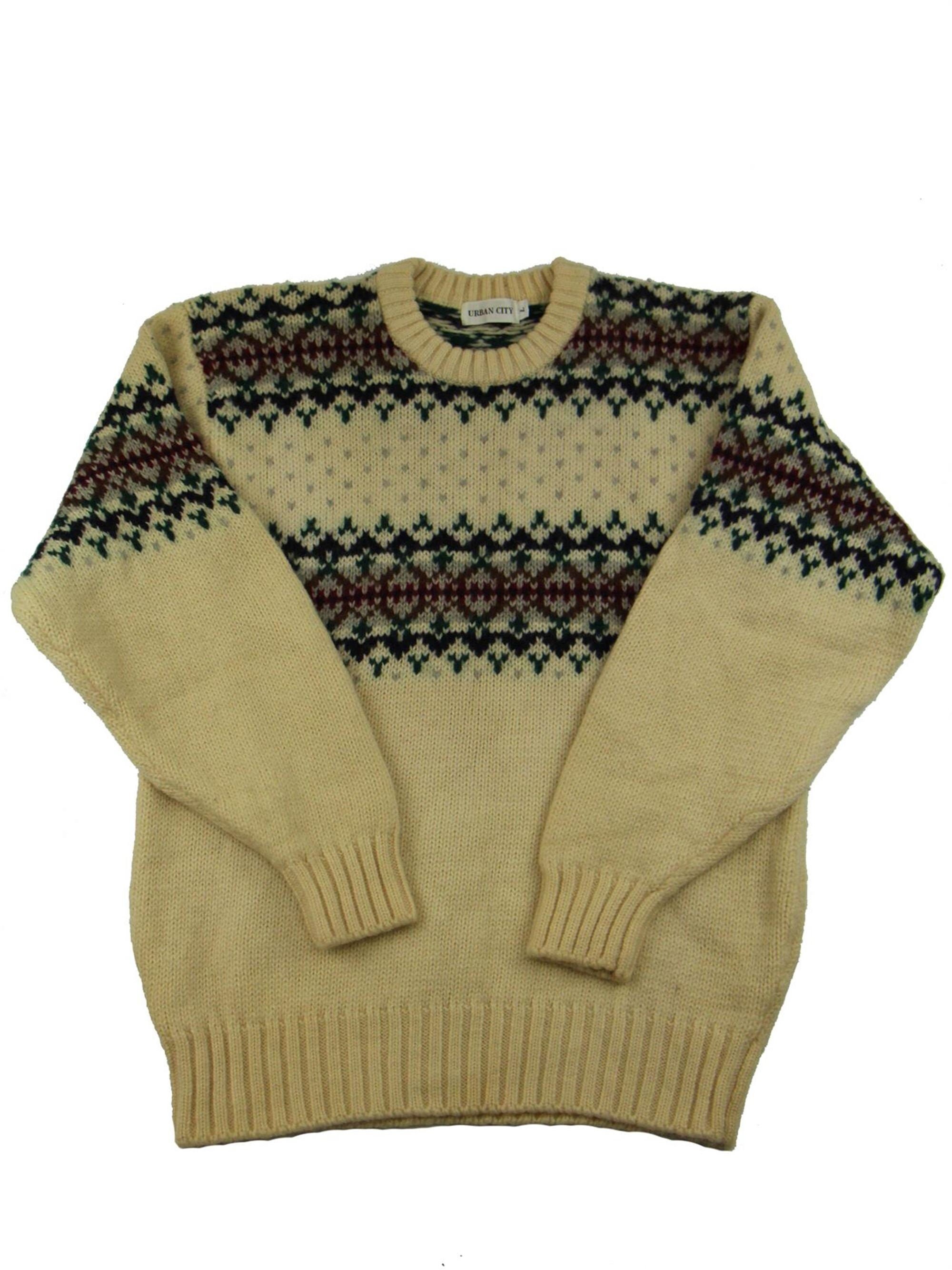 Image of Vintage Jumper -True Vintage Cream & Red Icelandic Nordic Pure Wool Crew Neck Uk -