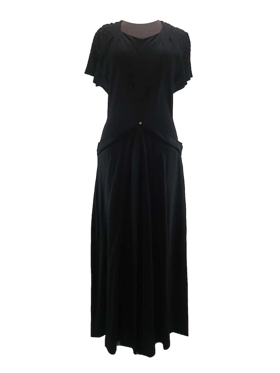Vintage Black Crepe 1930s 1940s Gown With Beaded S
