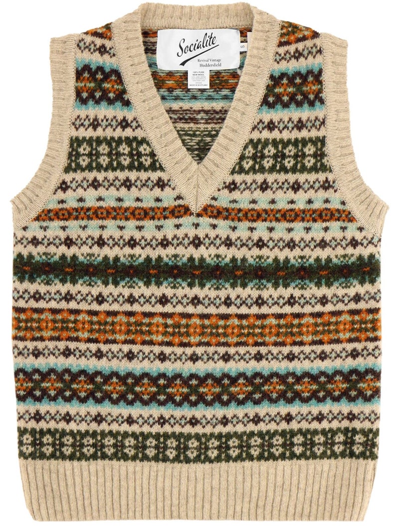 Womens Fairisle Tank Top Hand Produced Pure Scottish Shetland Wool Vintage 1940s 1950s Style Vest Bracken Beige image 1