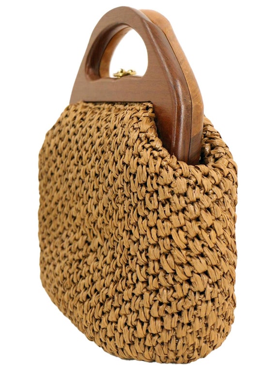 Brown Raffia Wooden Handle Vintage Grab Bag - image 2