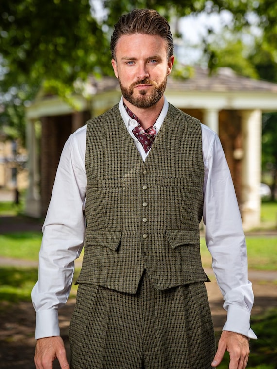 1940s Style Houndstooth Wool Waistcoat - Moss Green - Etsy Hong Kong