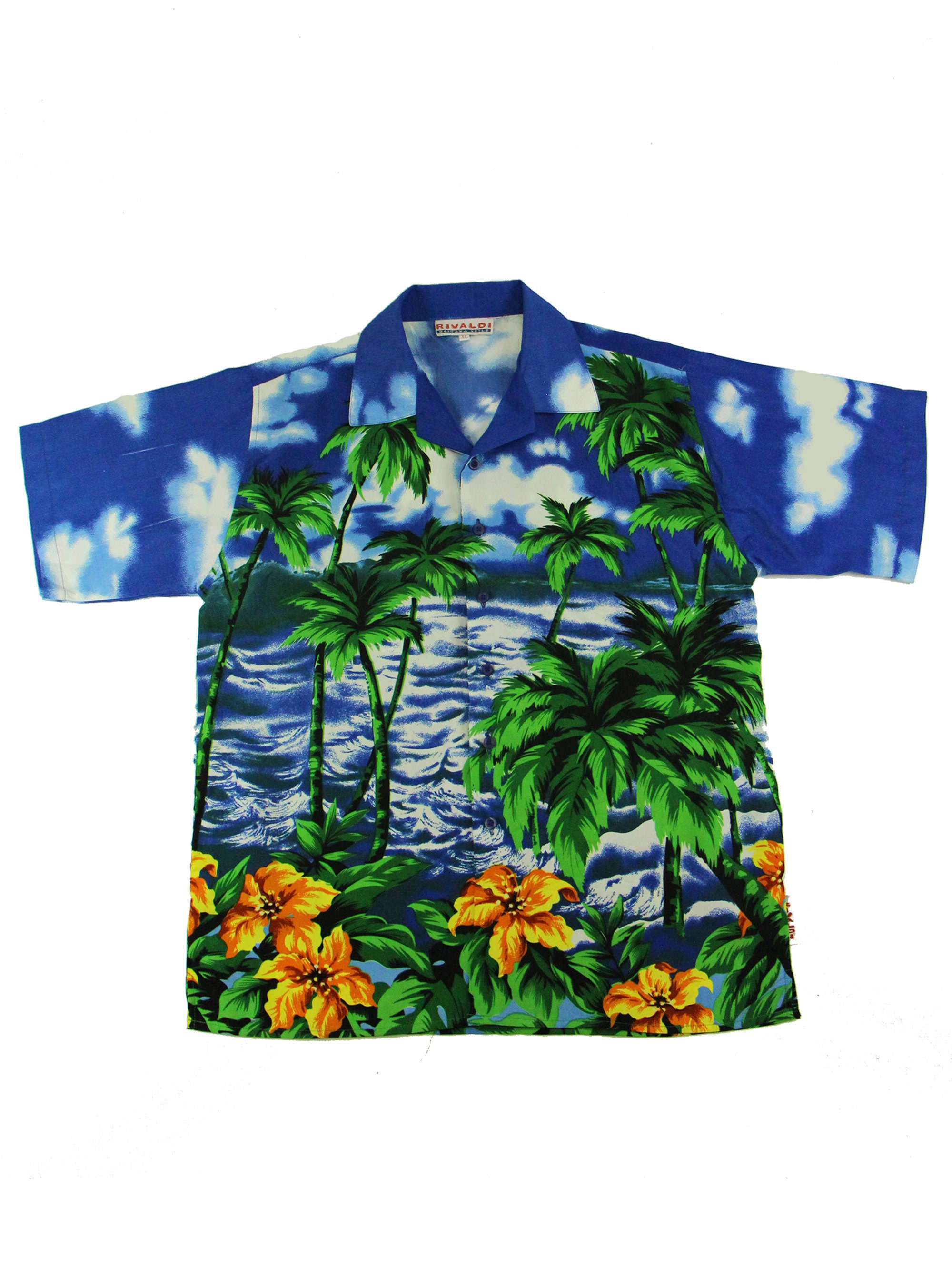 Image of Vintage Blue Palm Print 50S Style Hawaiian Shirt
