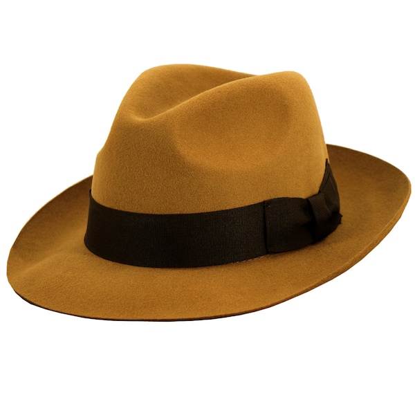 Mayfair Fedora-hoed | Mosterdgele herenhoed van zuivere wol Authentieke jaren 40-look, stijl uit de jaren veertig