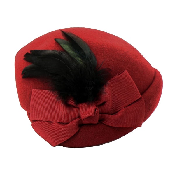 Vintage Hat - Vintage Style Dark Red Forties 1940s Look Half Hat With Feather & Bow