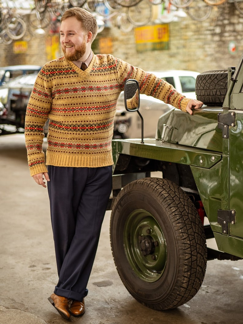 1940s Men’s Outfit Inspiration | Costume Ideas     Fair Isle Jumper - 1940s Authentic Vintage Replica - Edward Knit Long Sleeve Sweater Jersey in Sandune - Retro Mens Knitwear  AT vintagedancer.com