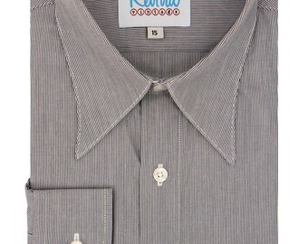 Camisa de cuello de punta de lanza de los años 40 - Rayas azul marino, puños cilíndricos