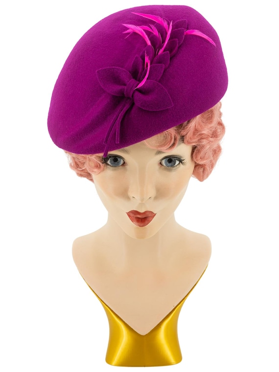 Fuschia Pink Vintage Style Felt Petal Cloche Hat Retro