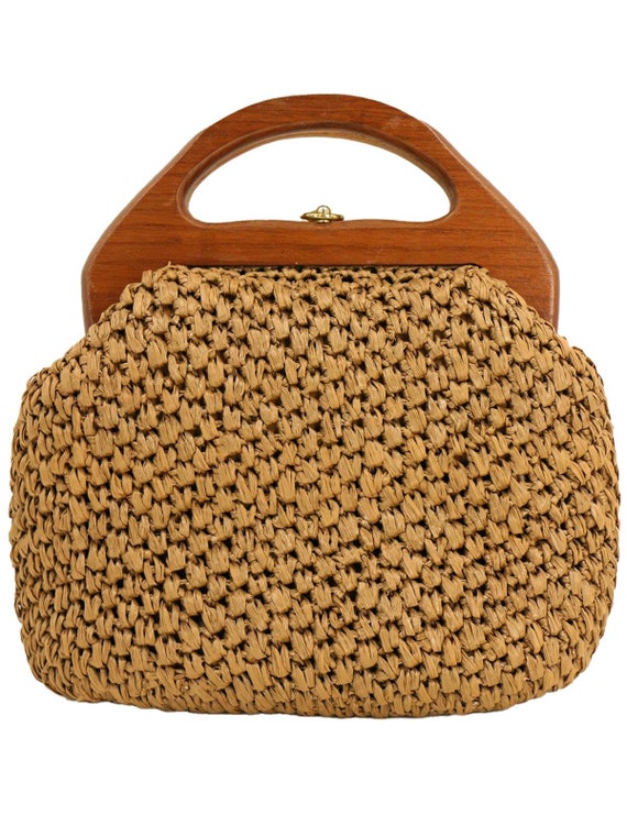 Brown Raffia Wooden Handle Vintage Grab Bag