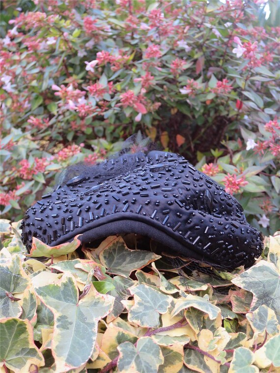 Vintage 1950s 40s Black Beaded Satin Juliet Cap