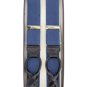 May include: Blue suspenders with gold-coloured metal clasps and black leather button attachments, presented in a brown box. The suspenders have a classic design, suitable for formal or casual wear.